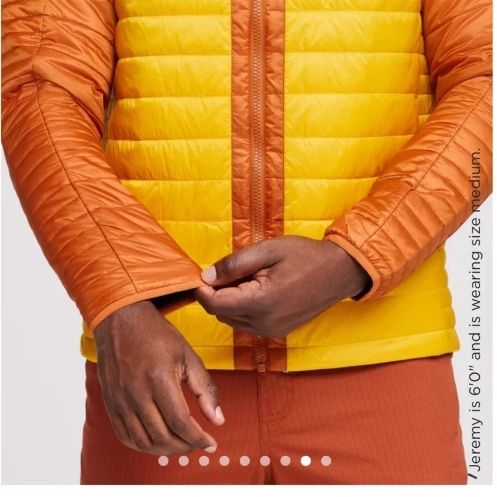 Cotopaxi Men's XL Capa Insulated Hooded Jacket Yellow Orange Mezcal NWT Puff